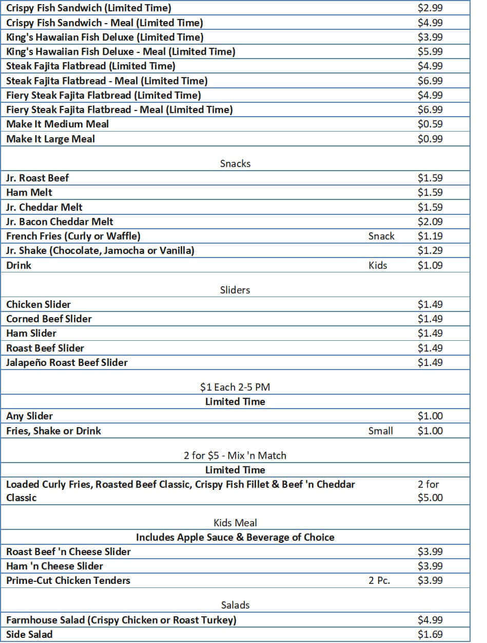 arbys menu prices