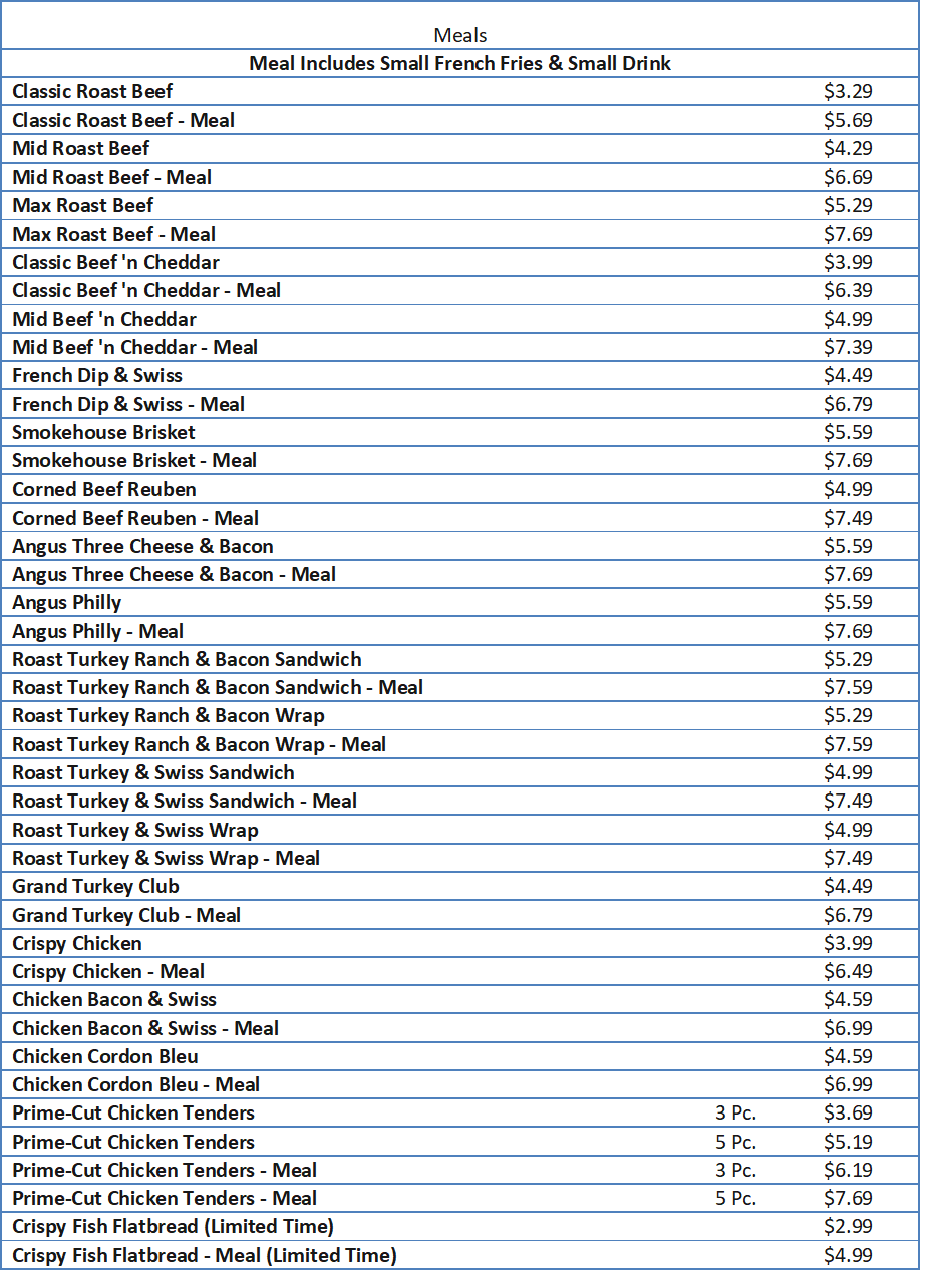 arbys menu
