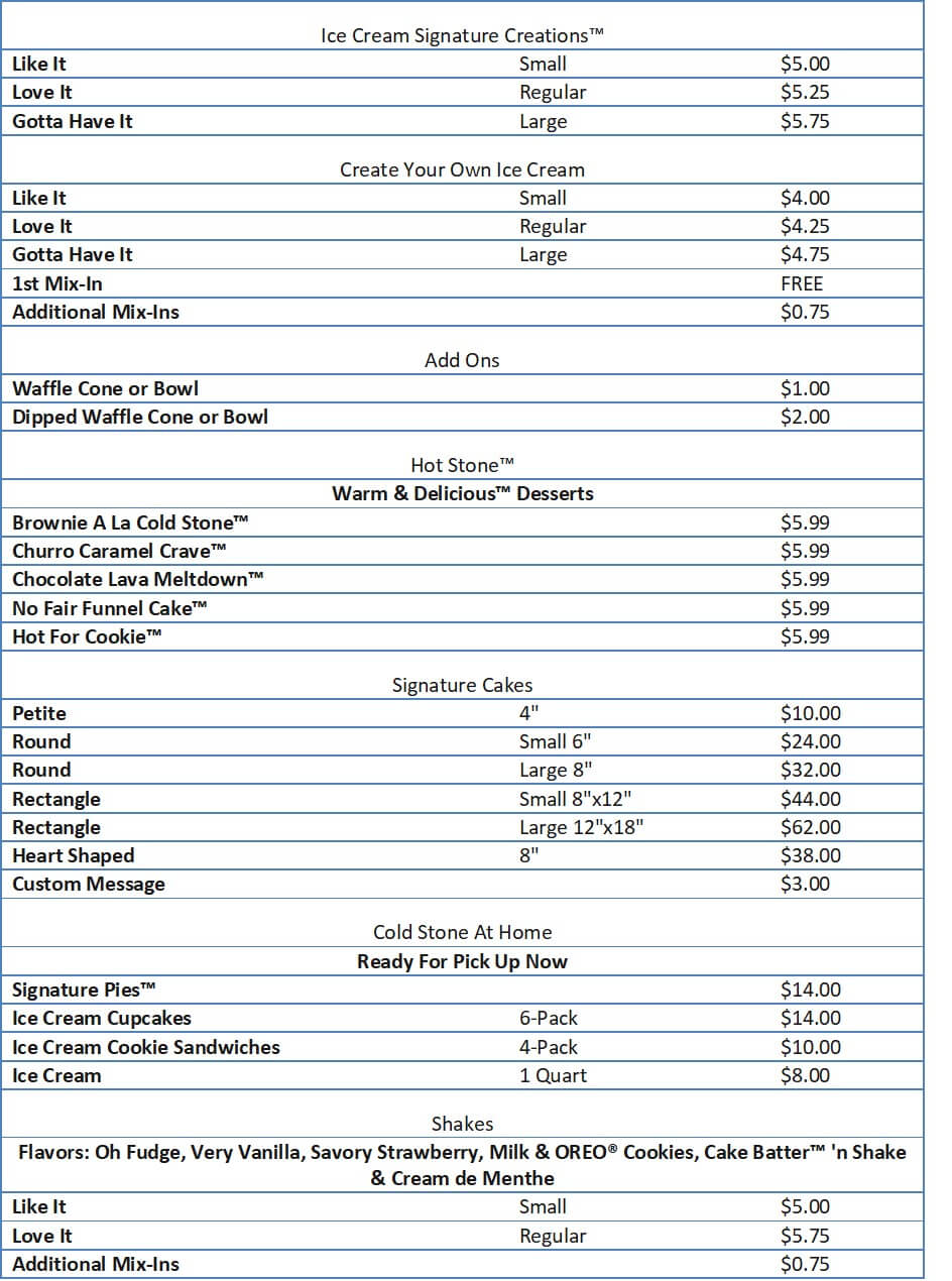 cold stone menu