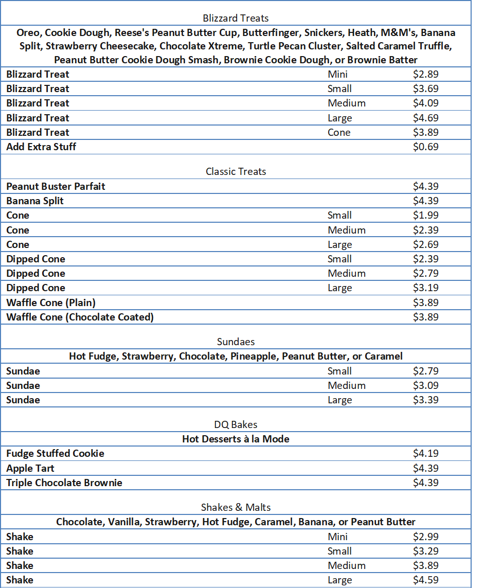 dairy queen menu prices