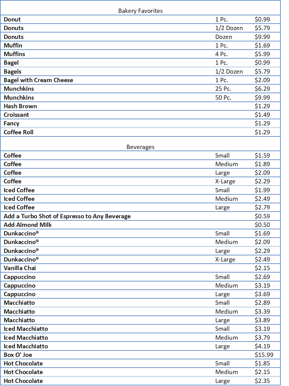 dunkin donuts menu with prices