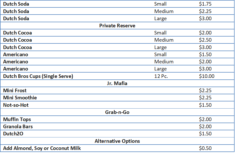 dutch bro menu