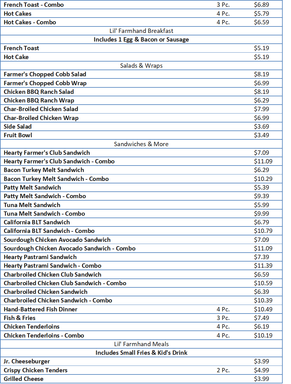 farmer boy menu