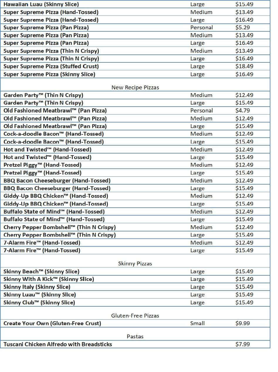 pizza hut menu and prices