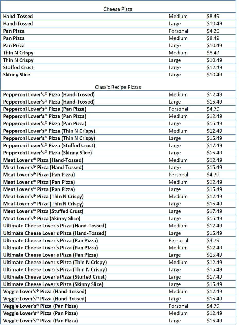 pizza hut menu prices