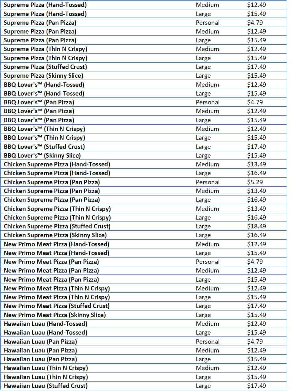 pizza hut prices