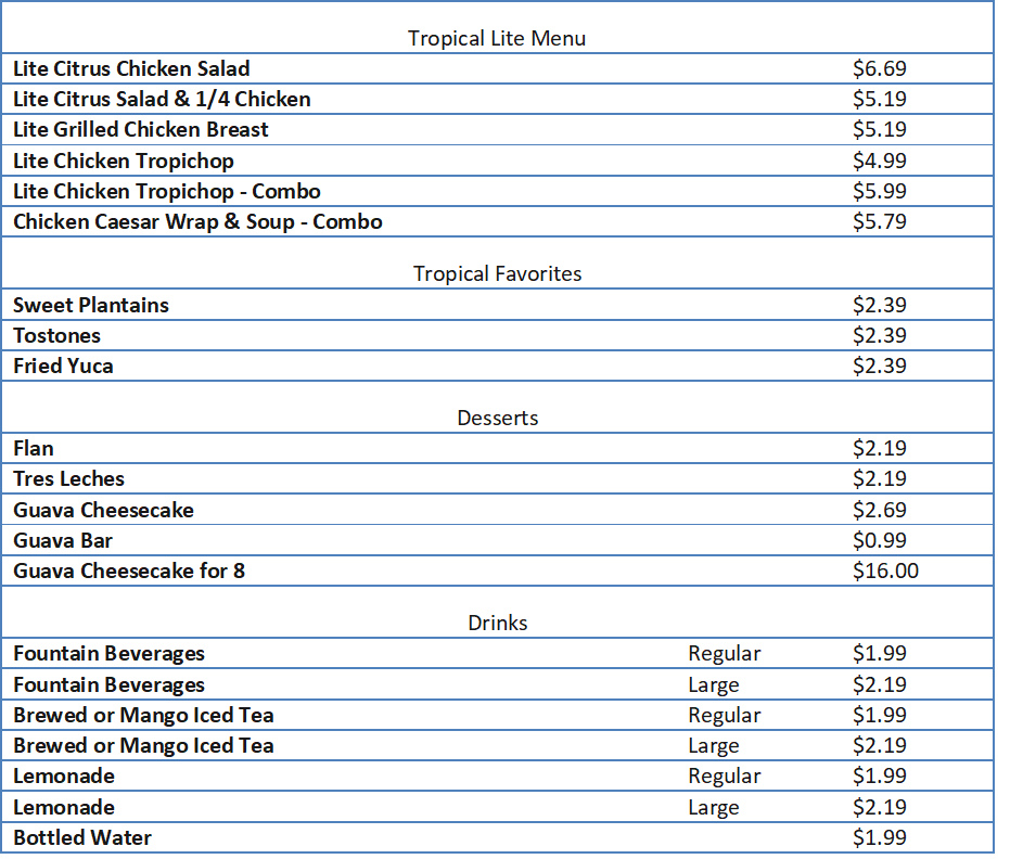 pollo tropical menu and prices