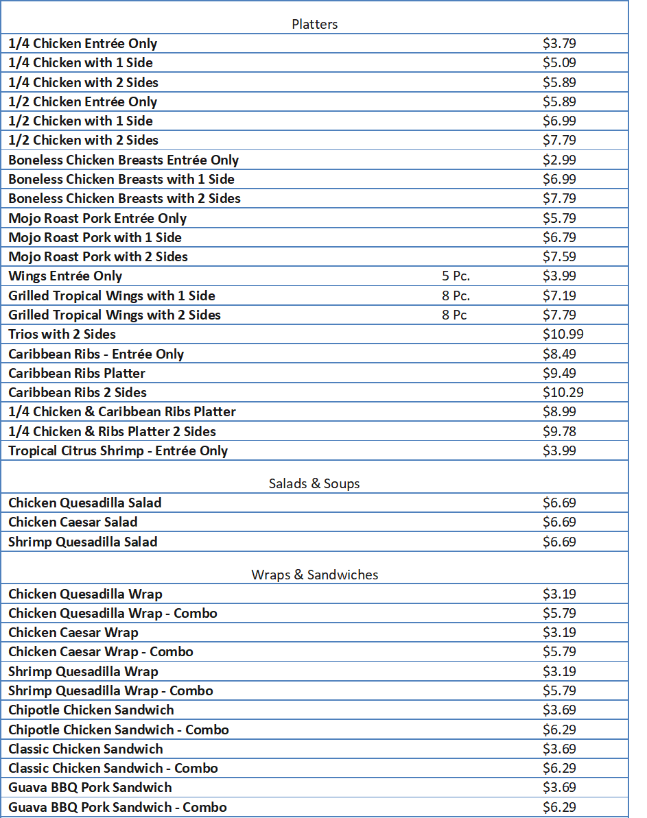 pollo tropical menu prices
