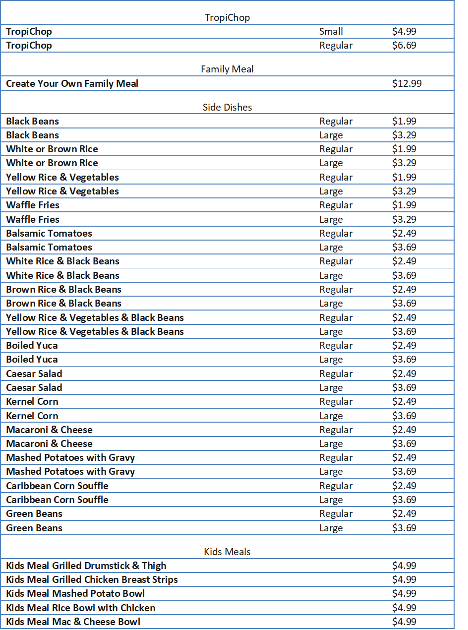 pollo tropical prices