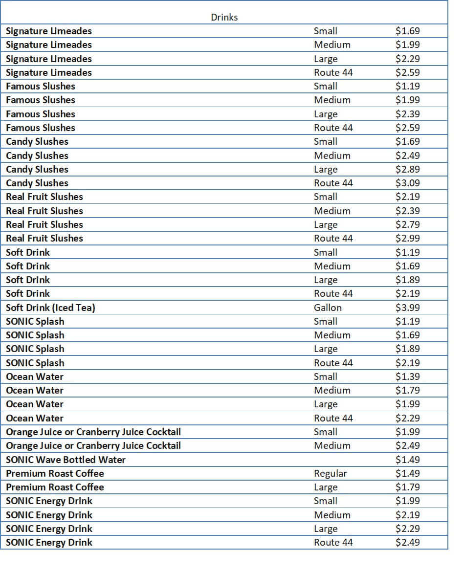 sonic menu and prices