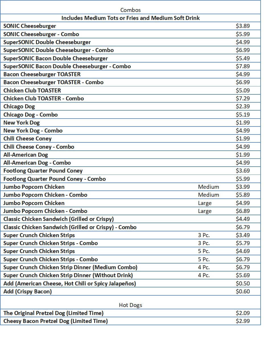Sonic Menu Prices list) Free business ideas