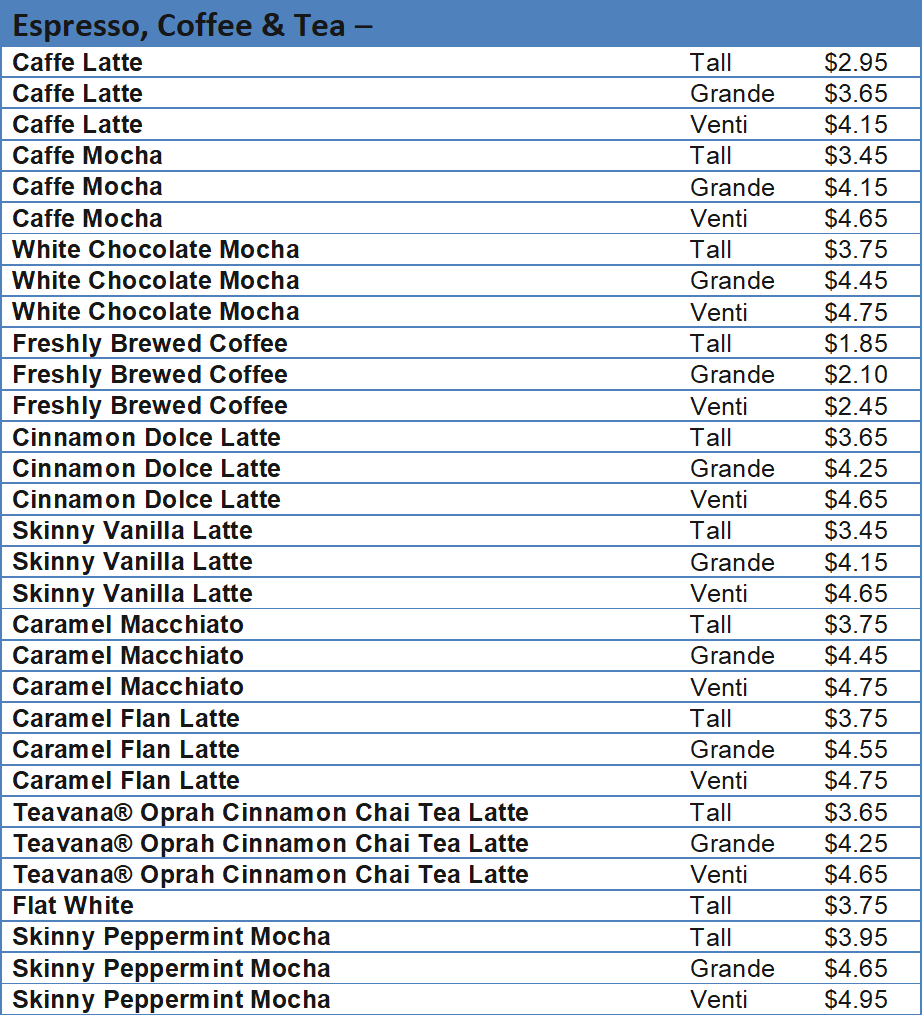 price list at starbucks