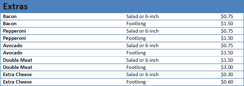 subway prices menu