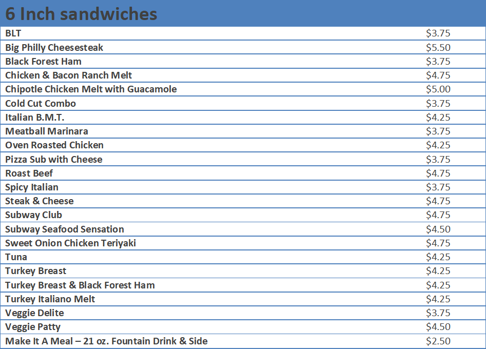 subway sandwich prices