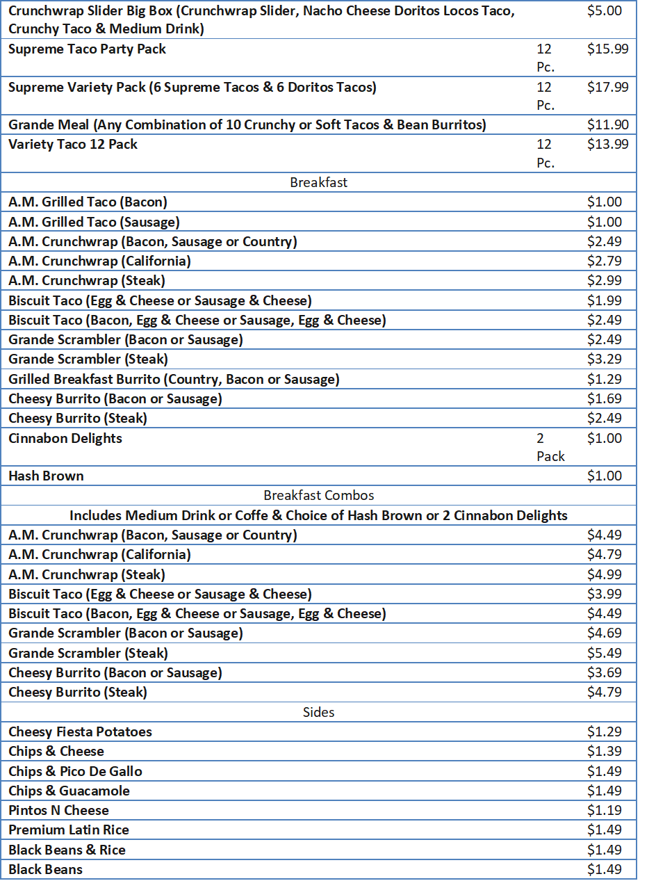 Printable Taco Bell Menu With Prices