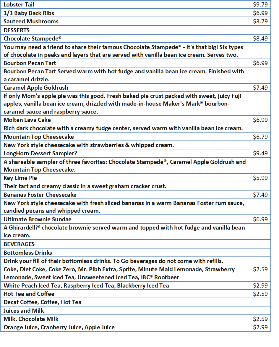 longhorn menu with prices