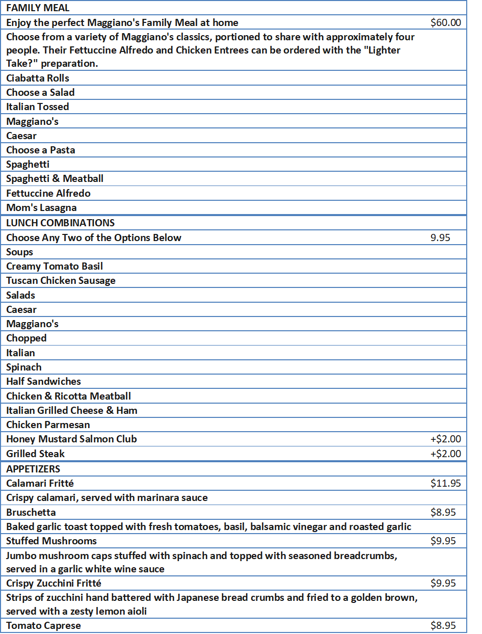 Maggiano Menu with Prices List) Free business ideas