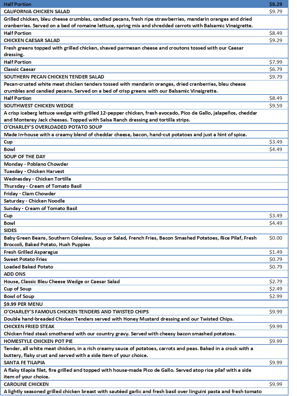 O charley s Menu Prices Complete List Free Business Ideas