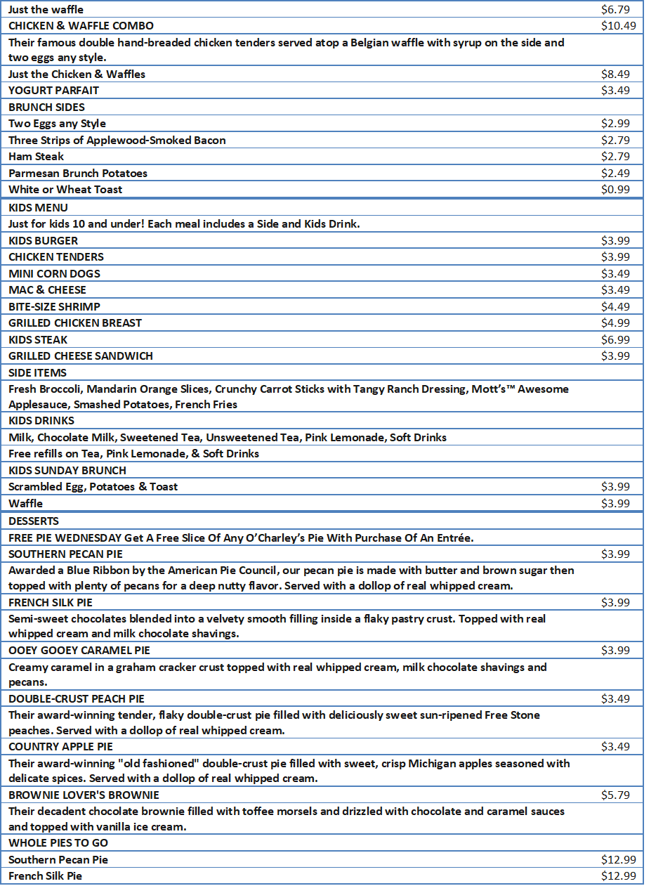 ocharleys snack menu