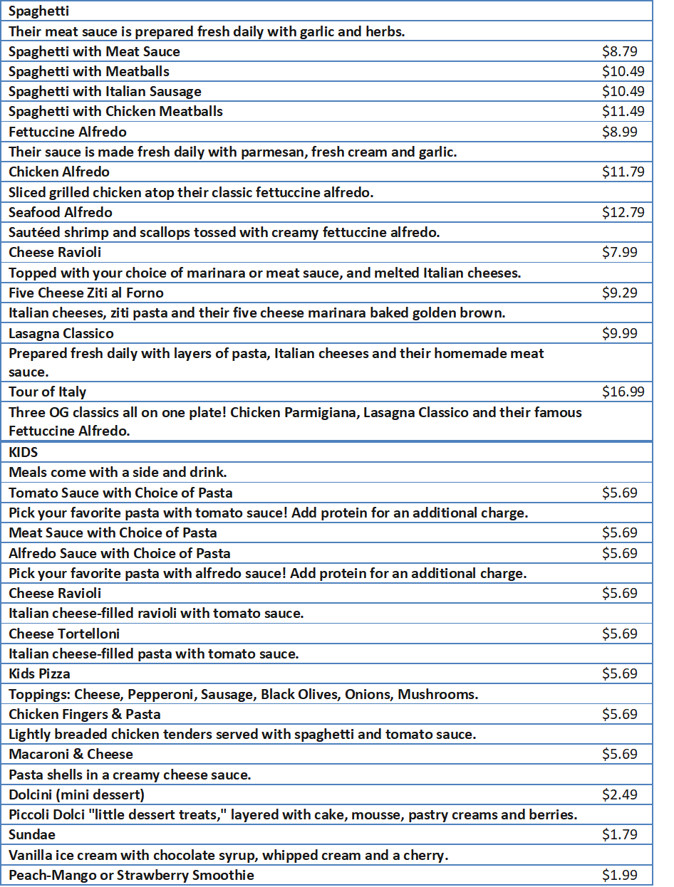 Printable Menu For Olive Garden