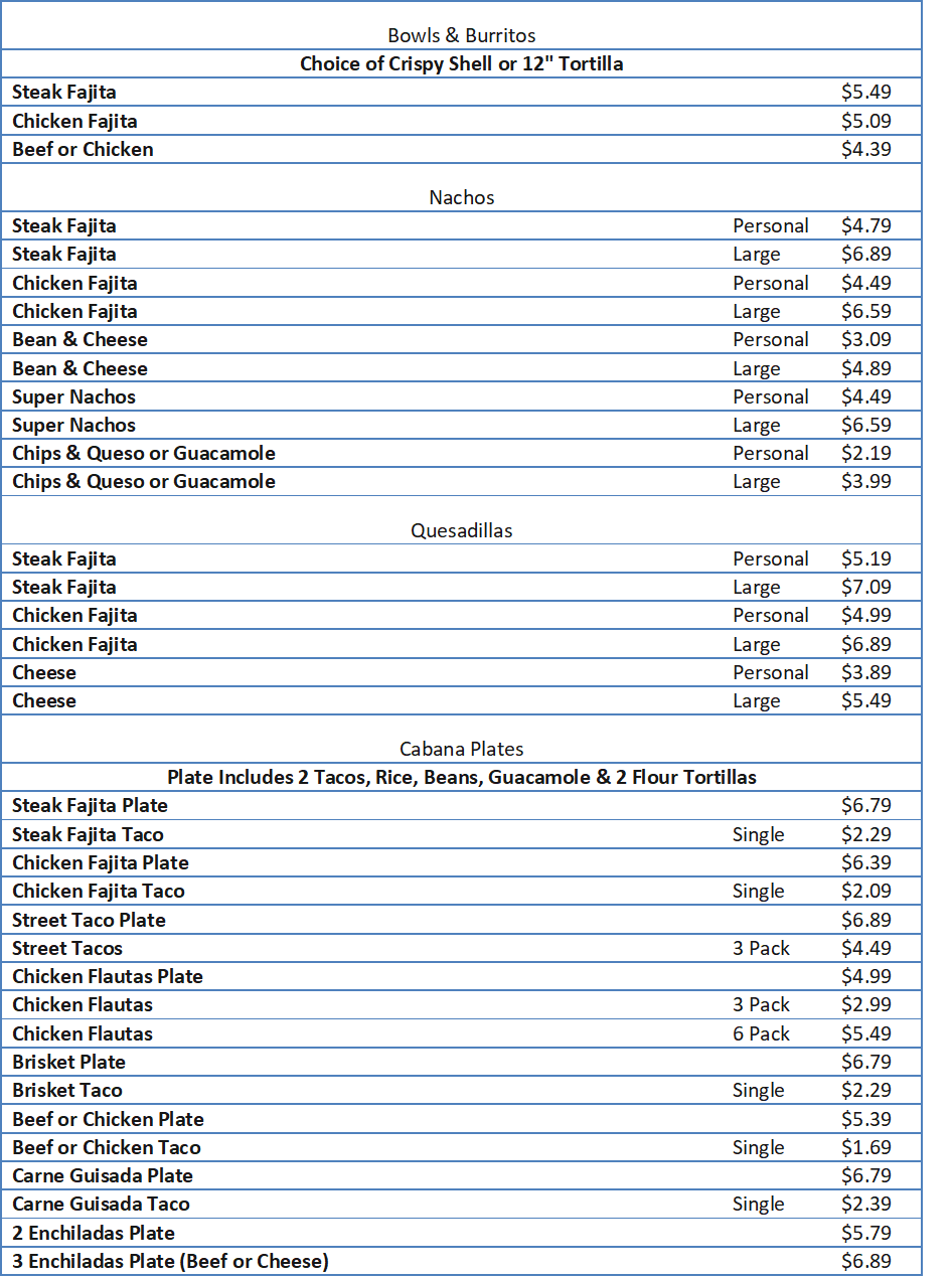 taco cabana menu